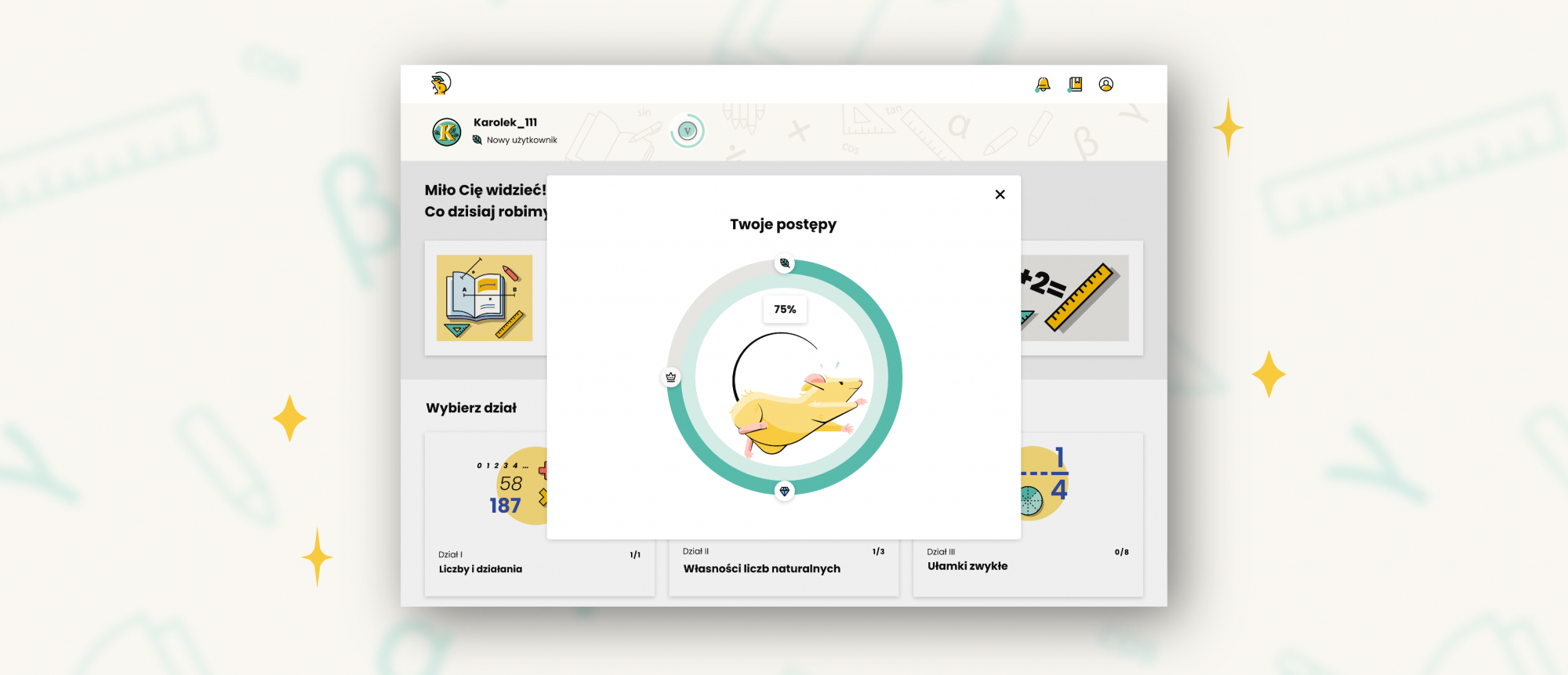 Wirtualny Nauczyciel dba o zaangażowanie ucznia, sukcesywnie informując go o progresie kursu.