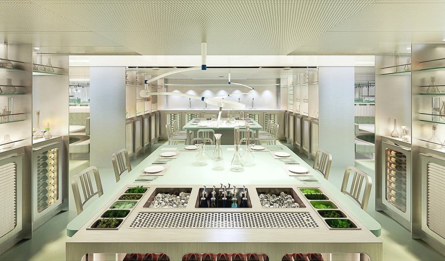 Chłodne i surowe wnętrze restauracji Test Kitchen zostało zaprojektowane przez pracownię Concrete Amsterdam.